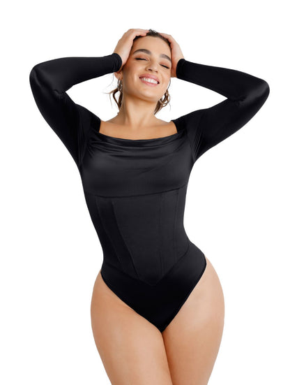 Waterfall Neckline Satin Bodysuit - HeyShape