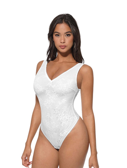 V-Neck Laced Thong Bodysuit - HeyShape