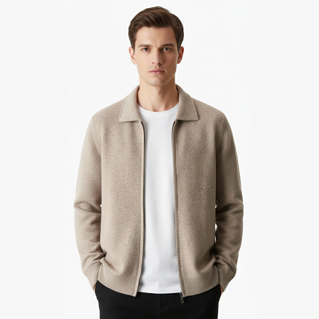 EXTRA-FINE MERINO WOOL ZIP POLO CARDIGAN