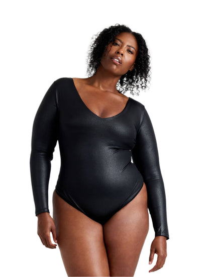 Leather Look Long Sleeve Bodysuit - HeyShape