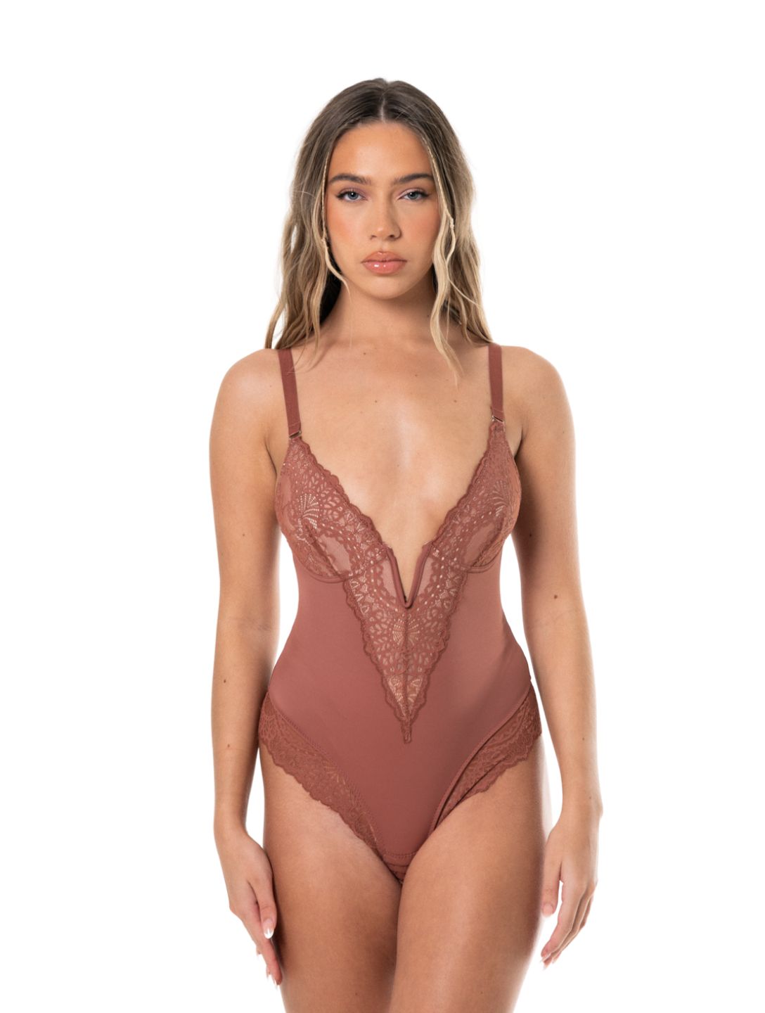 V-Neck Half Laced Bodysuit - HeyShape